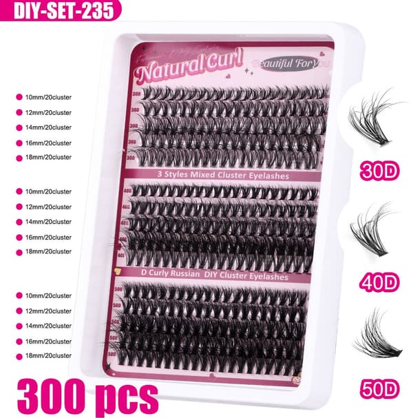 Ripsienpidennykset 300 kpl - 30D/40D/50D - D-kaari 10-18 mm - Valmiit volyymipidennykset - Klusteriripset - DIY