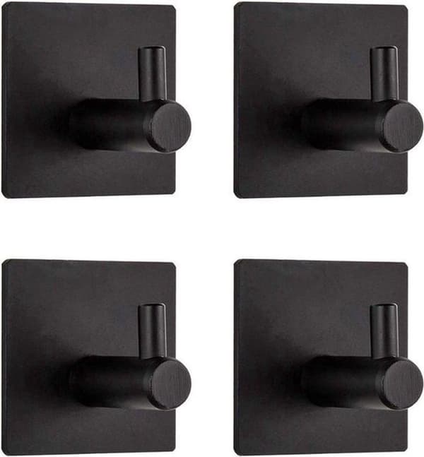 Self-Adhesive Towel Hooks - 4-Piece Wall Mounted Hooks - Black Modern Design Bathroom Hooks