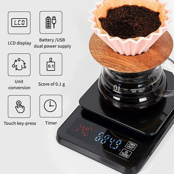 Kaffevåg med timer 5 kg/0,1 g Hög precision Häll över dropp espressosvåg med LCD-pekskärm