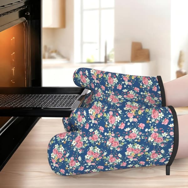 Heat-resistant oven mitts with hanging loop, 2-pack - Non-slip grip with floral pattern 2 pcs