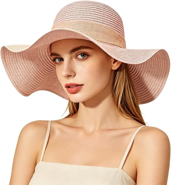 Dame Floppy Solhatt med Bred Brem, Sammenleggbar Rull-Opp Stråstrandhatt for Reise Rosa Medium
