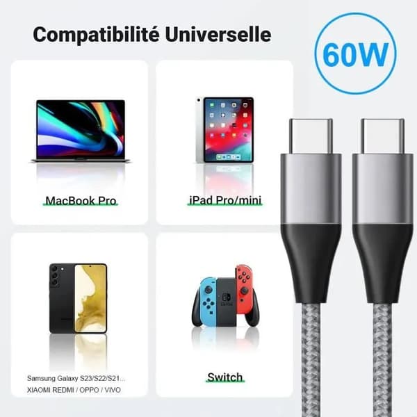 2x USB-C til USB-C Hurtigladekabel 3A for Samsung Galaxy A03s A04s A13 A14 A22 A23 A24 A26 - Forsterket Nylon Grå 1M Grå Grå Grå