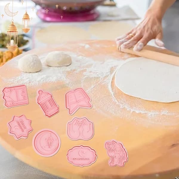 Eid Mubarak kakeformsett i 8 deler, Ramadan-kakeformer med 3D-stempel, DIY-bakeform i silikon