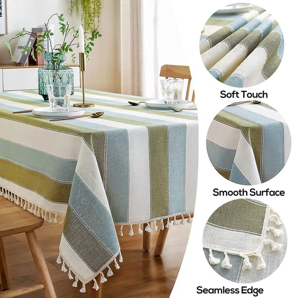 Dining Table Striped Fringed Tablecloth Rectangular Tablecloth Cotton Linen Fabric Table Cover for Kitchen Dining Table 140x180cm Green