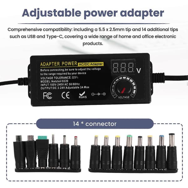 24V3A 72W Universell Strømforsyning, AC til DC 3V-24V Adapter Justerbar Strømadapter med LED-Spenning