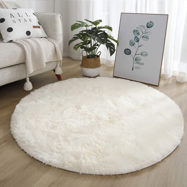 Rund plys-tæppe diameter 100 cm tykt skridsikkert til stue børneværelse beige 100 x 100 cm beige 100 x 100 cm