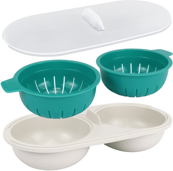 Microwave Egg Cooker Set, Double Egg Poacher With Steamer Basket And Egg Separator, BPA-Free Heat-Resistant PP, For Quick Breakfast, 2 Cup Green White