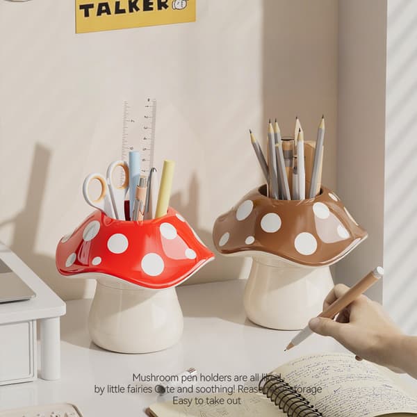 Cute Mushroom Storage Box with Dotted Lid, Multifunctional Desktop Organizer for Pens, Makeup Brushes, and Accessories