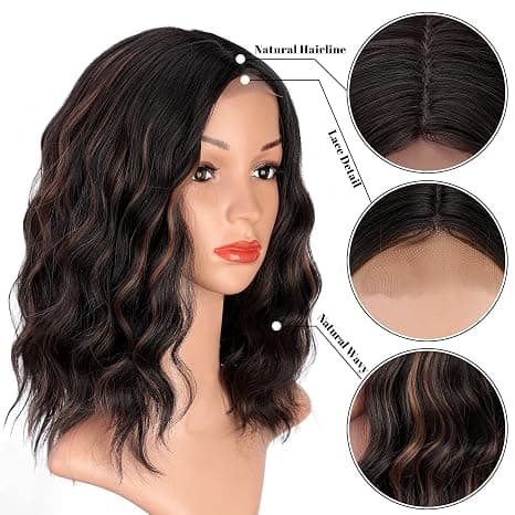 Short Wavy Wig for Women, Parted Synthetic Shoulder Length 14 Inch