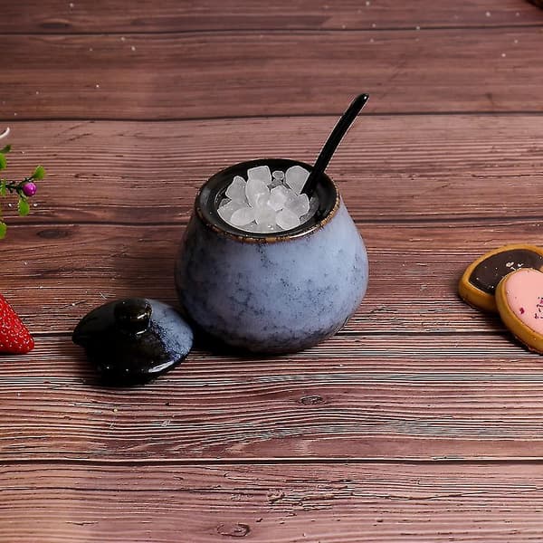 Antik keramisk sukkerskål saltskål med låg og ske 240ml krydderi (gråblå) krydderikrukke