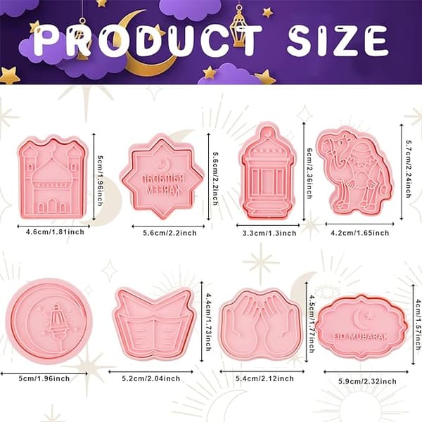 Eid Mubarak kakeformsett i 8 deler, Ramadan-kakeformer med 3D-stempel, DIY-bakeform i silikon