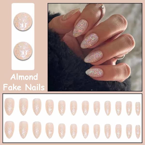 False Nails - Medium Almond Shaped Glossy Glue-on Nails with Bling Glitter & Sequin Design, 24 pcs