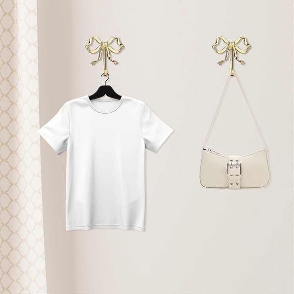 2-pack Gold Bowknot Wall Hooks for Coats, Hats, Bags - Elegant Decorative Zinc Alloy Design