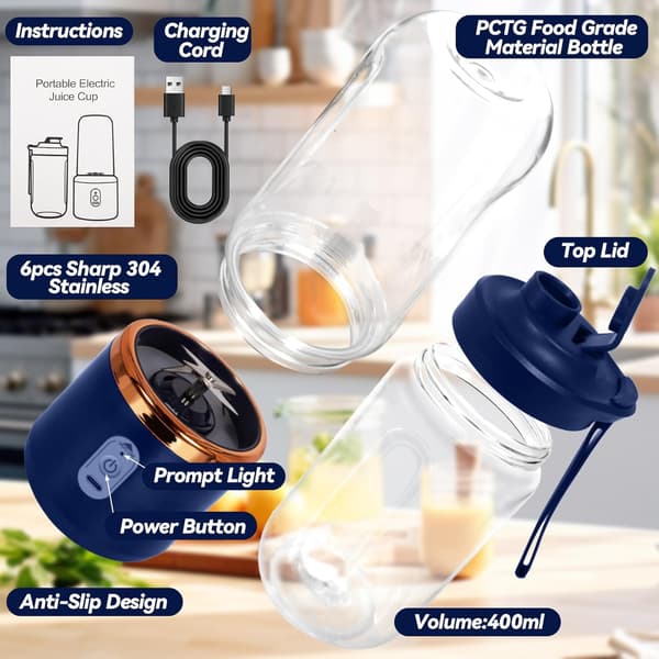 Bærbar blender 400 ml, USB-oppladbar smoothieblender med 6 blader i rustfritt stål, for reise, treningsstudio, kontor, blå