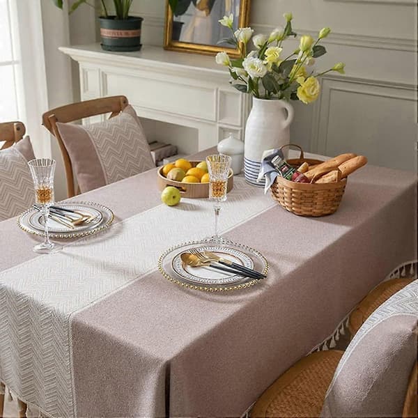Wave Patterned Tablecloth with Fringes Long Washed Tablecloth with Tassels for Kitchen Dining, Party, Holiday, Picnic, Buffet (Coffee, 55\"x55\")
