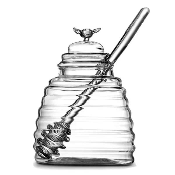 Honey Jar with Dipper and Lid, Glass Honey Storage Container, Beehive