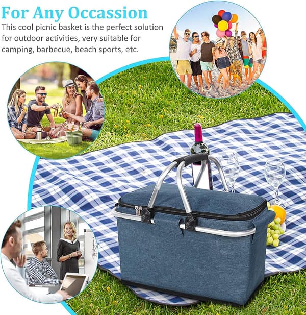 Fällbara Picknickkorgar, 4 Personers Picknickkorg med Vattentätt Foder, Hopfällbar Shoppingkorg Kylväska (Marinblå)
