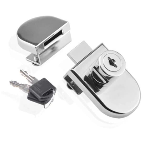Single-hinged display cabinet lock for glass doors. Display cabinet lock for 5-8mm glass doors with 2 keys. No drilling required.