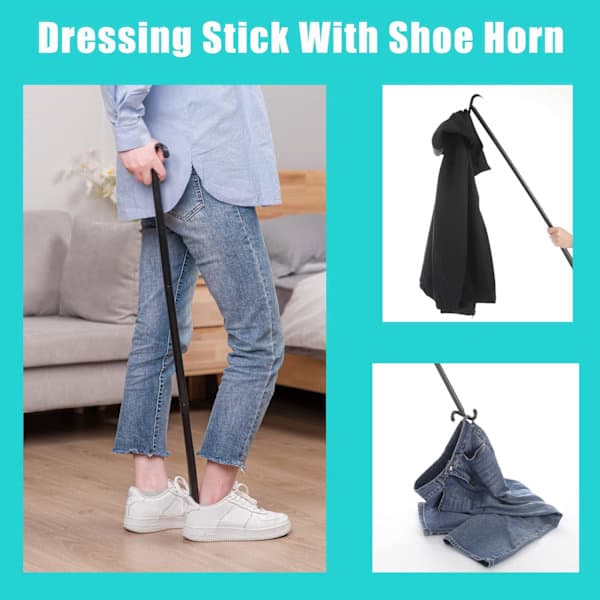 35.5\" Long Dressing Stick, Long Handle Shoe Horn for Seniors, Sock Aid, Adjustable, for Disabled and People with Back Problems