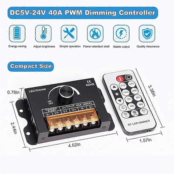 12V LED-dimmer med RF-fjernkontroll og timerfunksjon, DC 5-24V 40A aluminiumshus PWM-dimmer