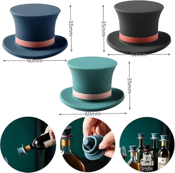3 st Vinflaskproppar Silikon Gentleman Hatt, Rolig Vinflaskpropp, Återanvändbar Silikonvin