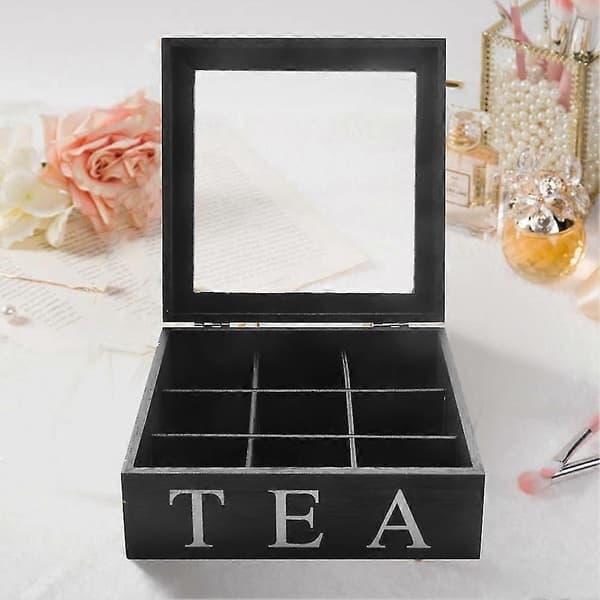 2x Wooden Tea Box with 9 Compartments Teabag Holder Storage Box Square Gift Box Case Transparent Top Lid B