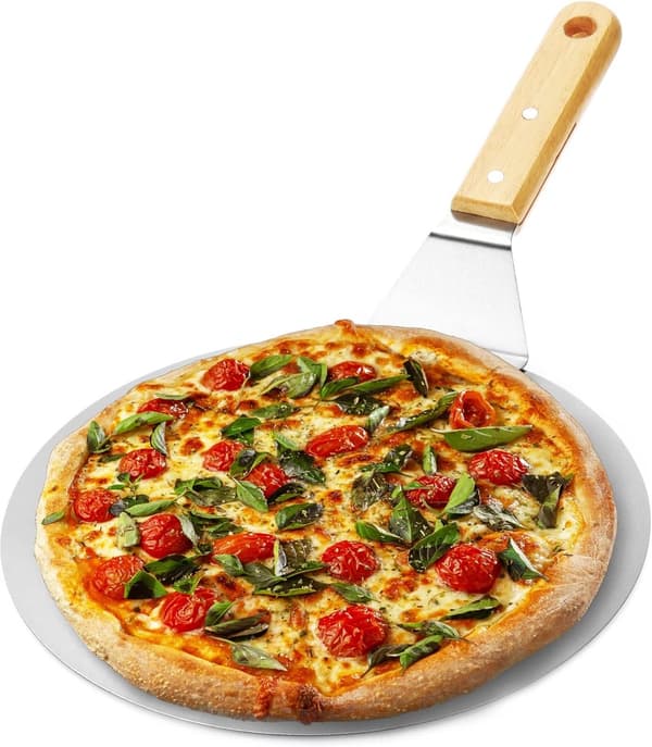 Pizzaspade i rustfrit stål - Rund, med træhåndtag, ø25,5cm - til pizza, brød, grill, ovn - Brun/Sølv