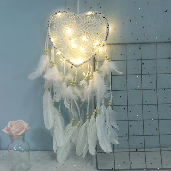Stilfuld drømmefanger med LED-lyskæde Hjerte Sha Hvid med lys White with light