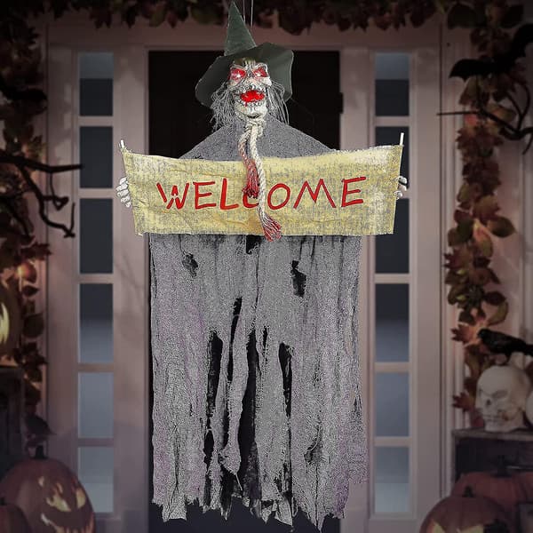 Hanging Witch Ghost With Light-Up Eyes And Spooky Sound Effect, Hanging Skeleton Ghost For Halloween Decorations