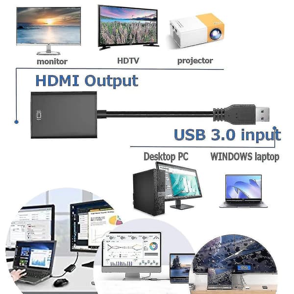 USB til HDMI-adapter, USB 3.0/2.0 til HDMI lyd- og videoadapter, HD 1080p videografikkabelkonverter for PC, bærbar PC, HDTV, TV, kompatibel med Windows X