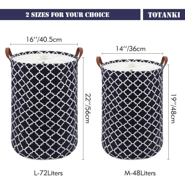 72L Thickened Extra Large Laundry Hamper with Durable Leather Handle Waterproof Interior, Drawstring Round Cotton Linen Foldable Storage (Black)