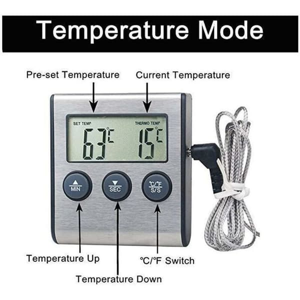 Large LCD Screen Digital Kitchen Thermometer. Long Probe for Oven and Grill. Meat Cooking Temperature Alarm Timer Tool.