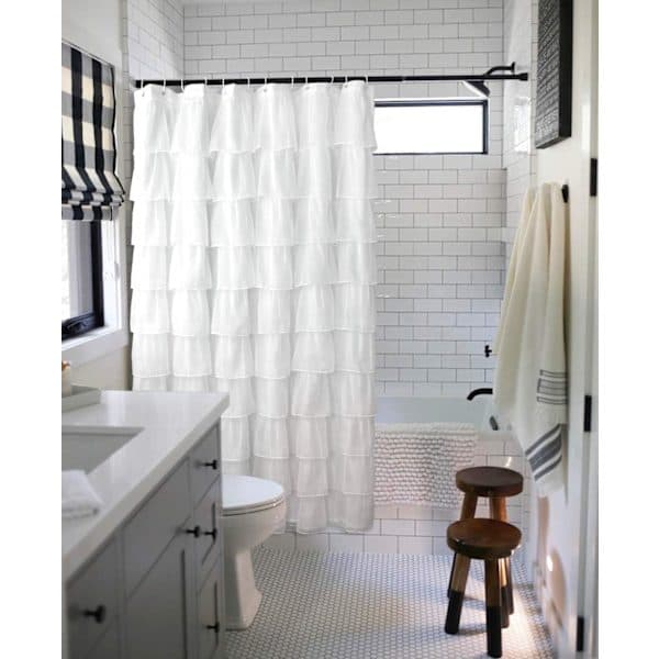 White Shower Curtain with Ruffles in Rustic Style, Sheer Fabric for Bathroom, 183 cm