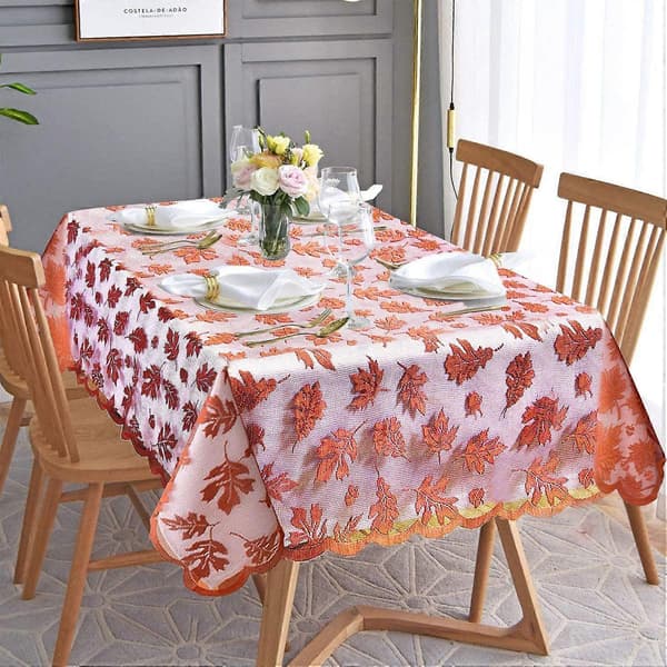 Maple Leaf Tablecloth, Brown Rectangle, Lace Tablecloth, Thanksgiving Decoration, Autumn Table Linen Pe