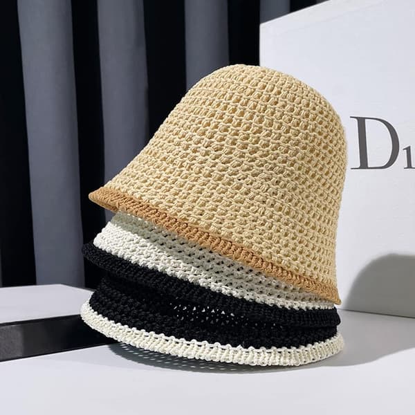 Dam Sommar Solhatt Mode Virkad Stickad Vikbar Strand Handvävd Bomull Beige En Storlek