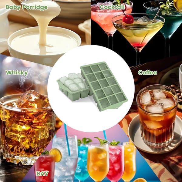 Isterningebakker med låg, stabelbare silikoneisterningebakker, til cocktails og whisky, grøn, sæt med 2