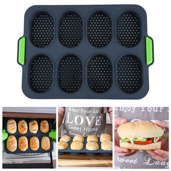 Silikonbrødform med 8 celler, myk non-stick franskbrødform, perforert brødformbrett for DIY-baking