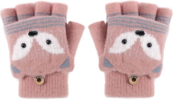 Handskar med knappar, fingerlösa barnhandskar, vinter, varma stickade handskar, plyschfoder, vinterhandskar med kaninlook, en storlek passar alla