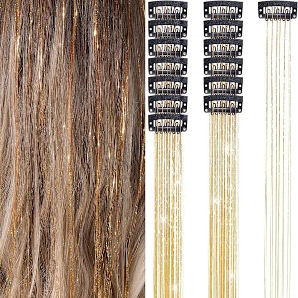 Clip-in Hår Glitter Extensions Sæt til Halloween Cosplay Party Guld