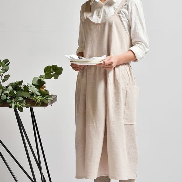 Bomullslinnesforkle, ensfarget, for matlaging, baking, blomsterbutikk, arbeid, rent forkle (Mandel)