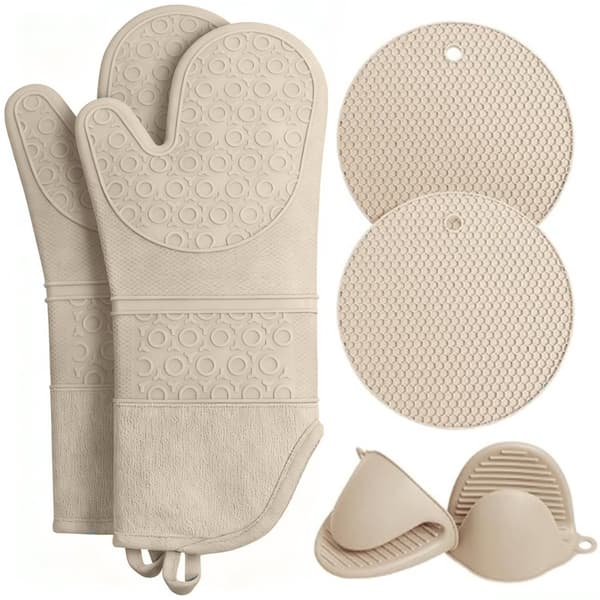 6-Piece Silicone Baking Glove Set: Heat-Resistant Pot Holders, Kitchen Essentials Beige Beige 482