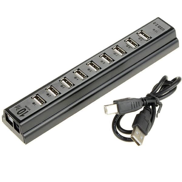 10-portars USB 2.0 höghastighets-HUB extern med strömadapter och kabel