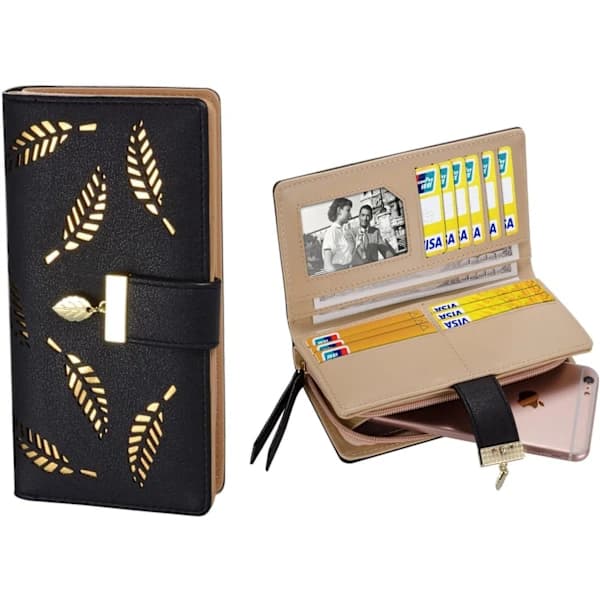 Long women's wallet with large capacity, wallet with cut-out leaf motif, black