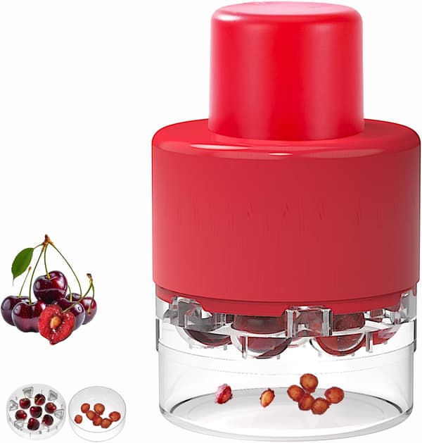 Cherry pitter with space-saving lock design; multi-functional tool for making cherry jam
