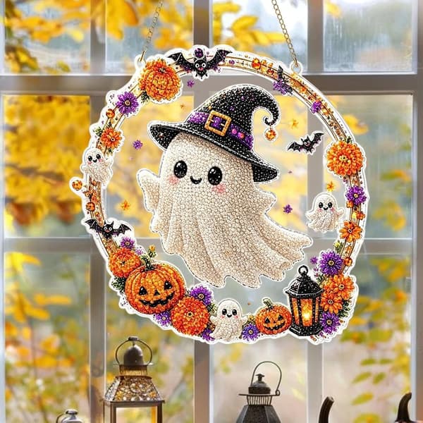 Halloween Edelsteinbild katter spøkelse flat akryl-glitter dekorasjon hvit - Weiß