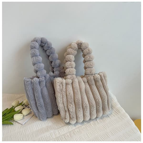 Bløde Plys Håndtasker Faux Pels Ensfarvede Shopper Tasker BEIGE
