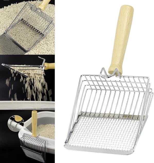 Stainless Steel Cat Litter Scoop with Wooden Handle - Two-in-One Function - Stand Included