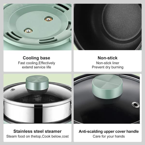 Multifunksjonell elektrisk gryte, mini elektrisk dampkoker, veldig egnet for nudler/pasta/egg/suppe/biff (grønn) green