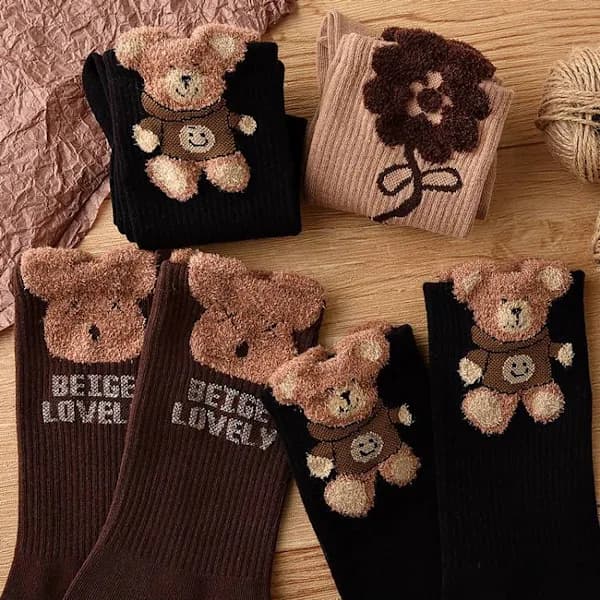 Bløde og varme sokker 3-pak - Fluffy hjemmesokker unisex størrelse 36-42 - Sort bjørn