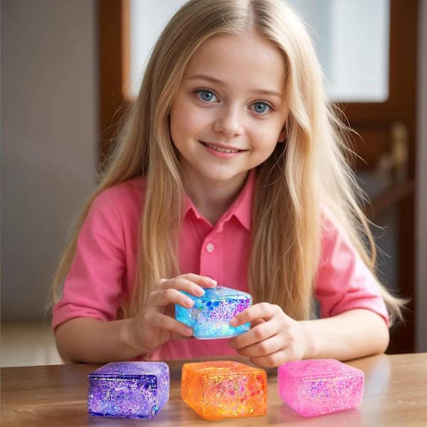 4-pack glitteriskuber – färgglada sensoriska dekompressionsleksaker för vuxna och barn – stressreducerande klämbollar